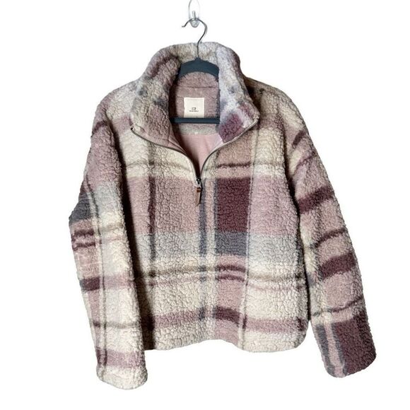 Thread & Supply Faux Sherpa Teddy Jacket 1/4 Zip Mauve Plaid M - Picture 2 of 13